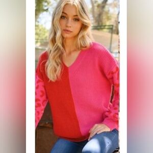 Colorblock V-Neck Sweater - Red and Pink